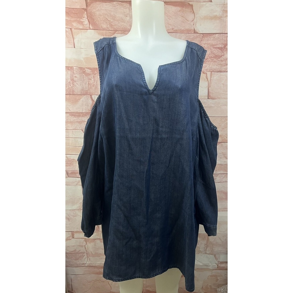 NYDJ Women's Plus Sz 2X Chambray Cold Shoulder Popover top